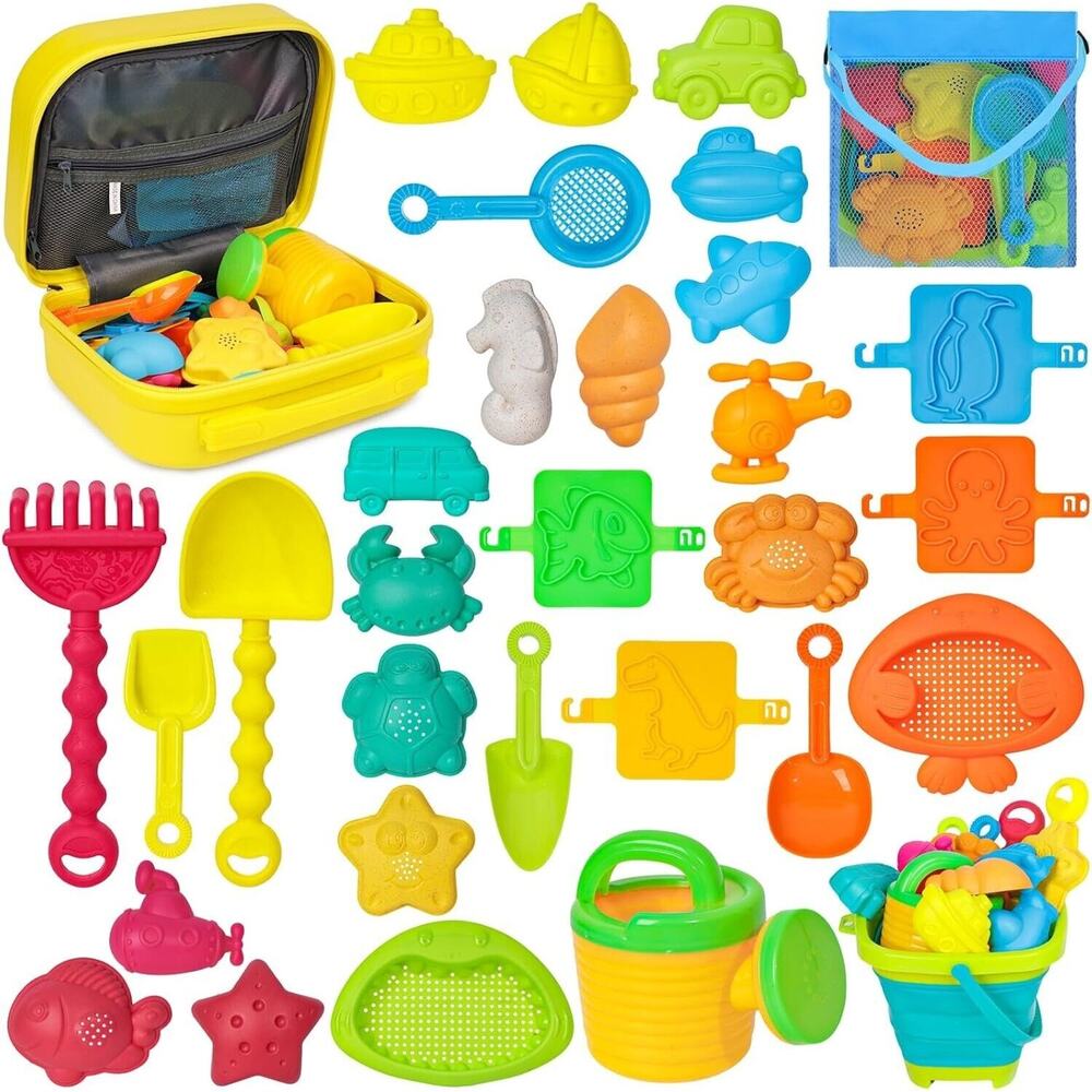 32 PCS Sand Toys Set, Collapsible Sand Bucket Shovels Mesh Bag Yellow Suitcase